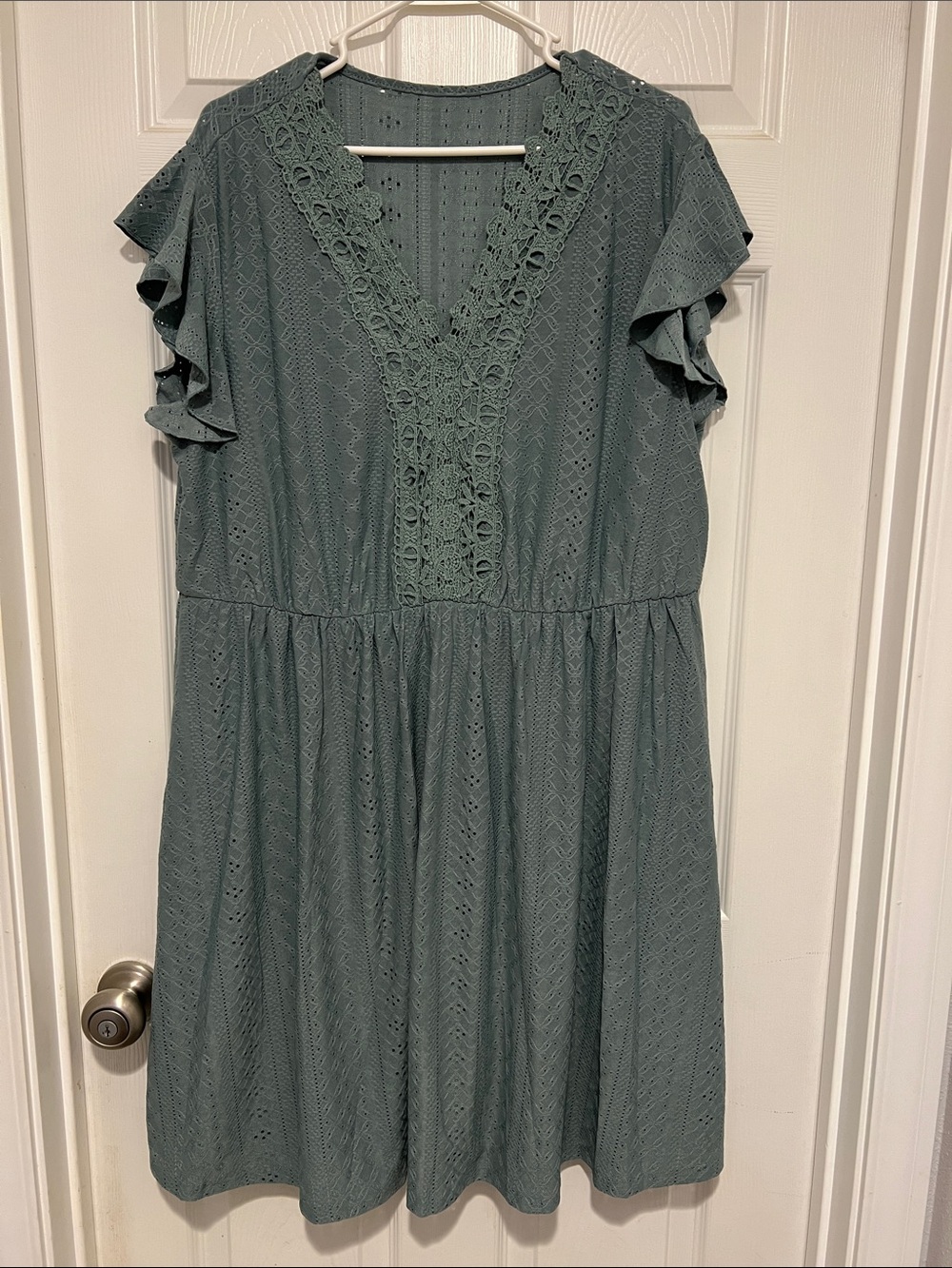 Sage Green Crochet Trim Flutter Sleeve Dress